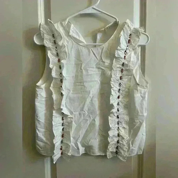 Zara Tops - Zara white ruffle no sleeves blouse size small embellished